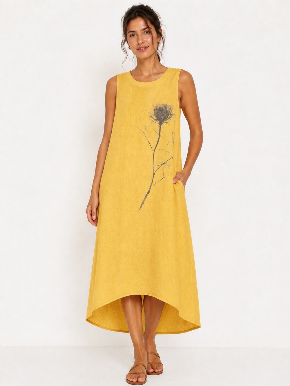 Laura Gotti Italy BOHO, Minimalist, Yellow Linen MIDI Dress